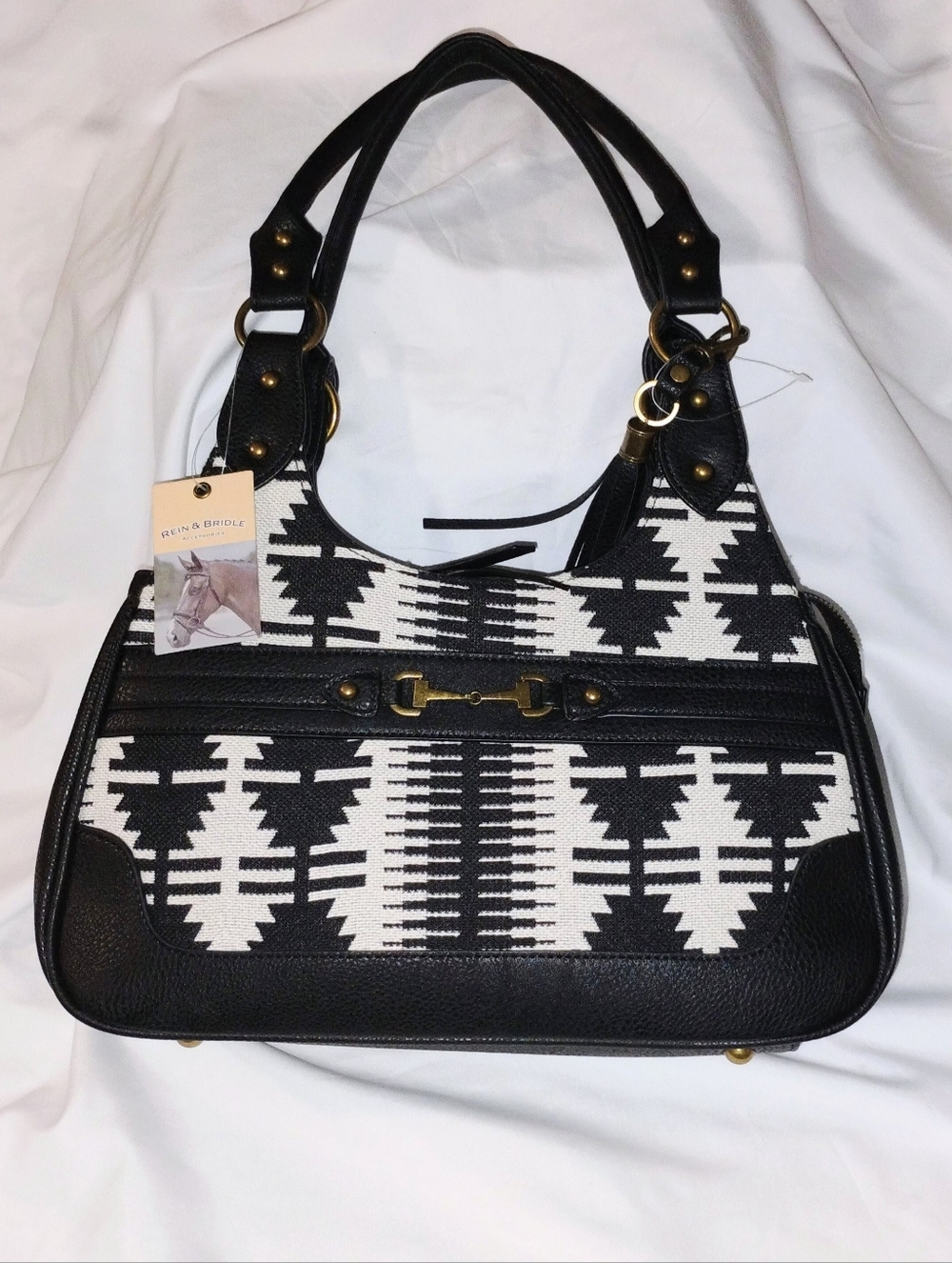 Rein & Bridle Black & White Aztec-Print Shoulder Bag